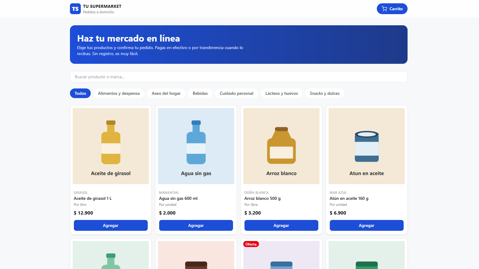 Tienda en línea de TU SUPERMARKET: catálogo de productos con imágenes, precios en pesos colombianos y filtros por categoría.